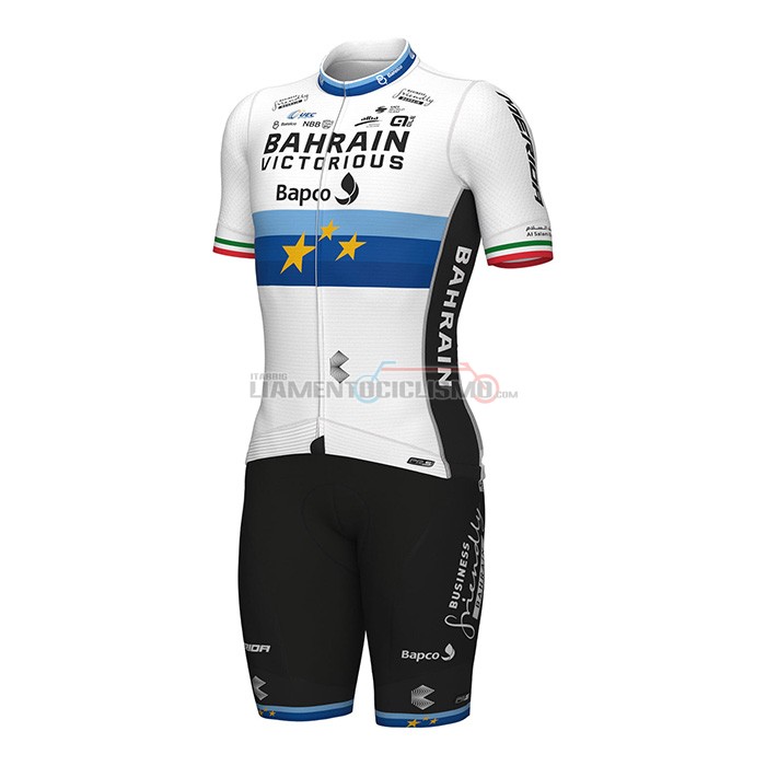 Abbigliamento Ciclismo European Champion Bahrain Victorious Manica Corta 2022 Blu Bianco